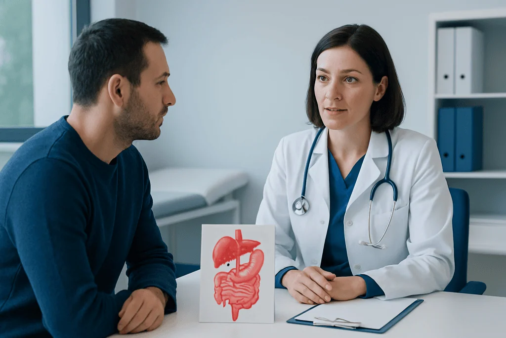 Doctor explaining digestive system to patient in consultation room.
