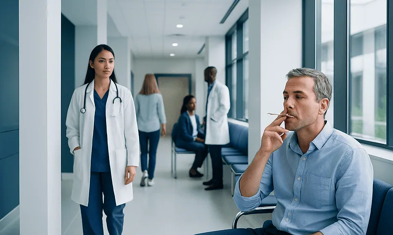 Patient contemplating smoking after dental implants in a hospital corridor.