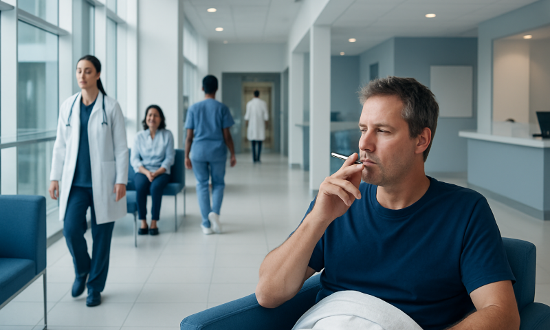 Man smoking in hospital corridor with medical staff in background.