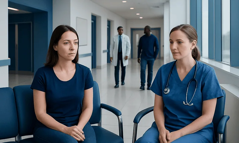Medical consultation with two female healthcare professionals in hospital corridor.