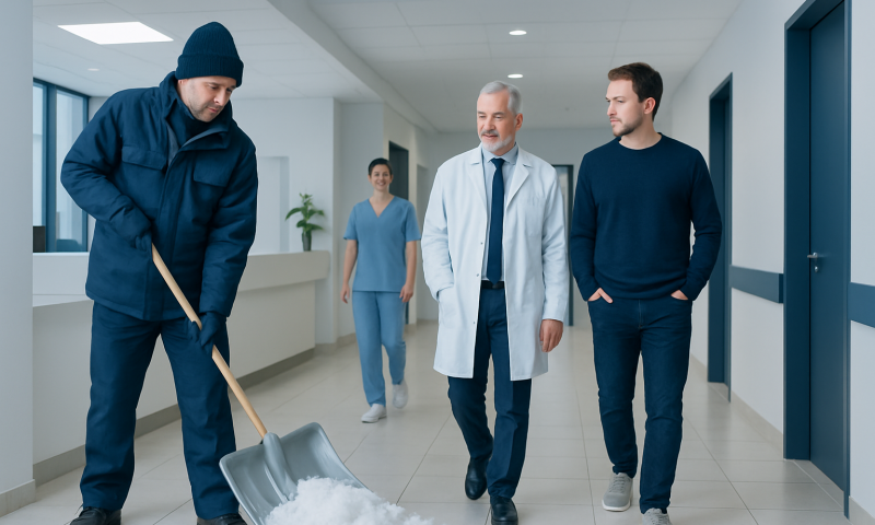 Hospital staff inspecting snow removal process in a healthcare facility corridor.