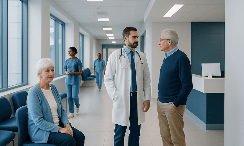 Snowflake Cataract: An Evidence-Based Patient Guide 1 Doctor consulting with elderly patient in hospital corridor with staff in background.