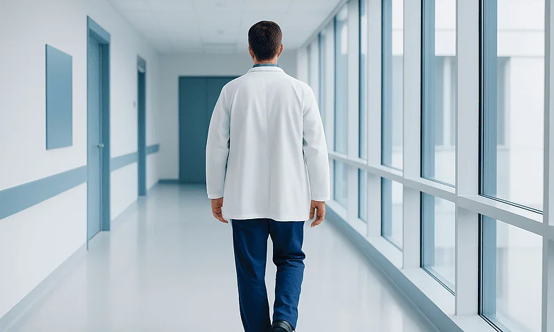 Doctor walking down a hospital corridor with large windows and natural light.