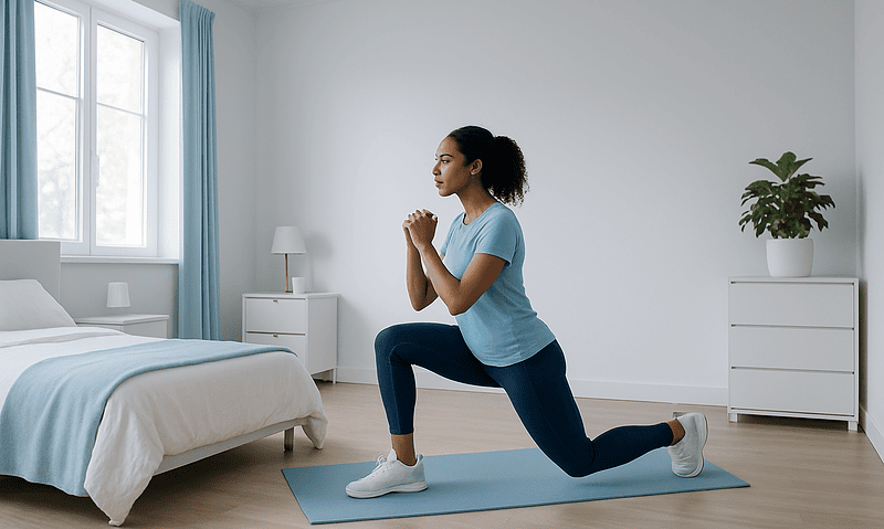 Woman performing lunges for gentle movement exercise at home.