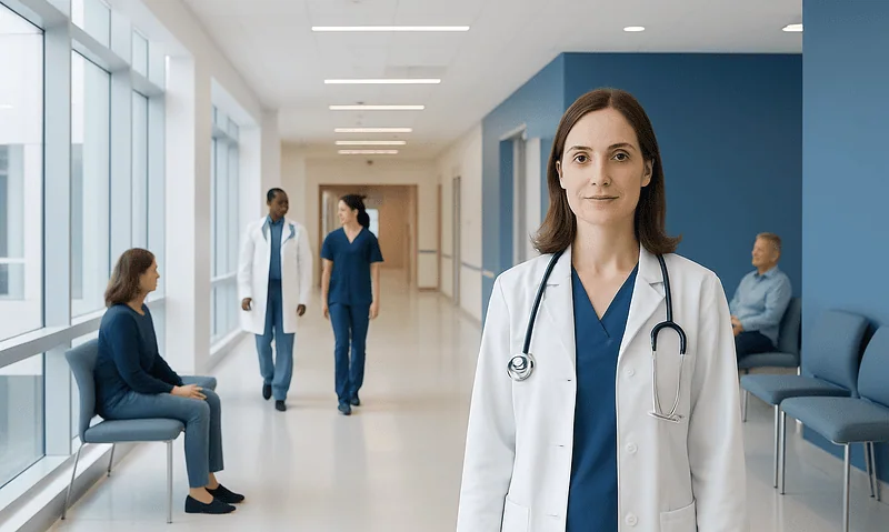 Healthcare professionals and patients in a modern hospital corridor.