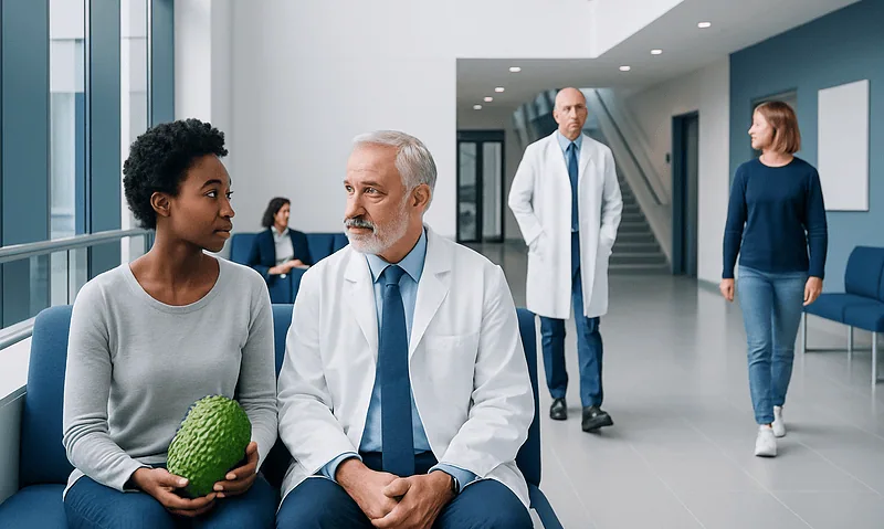 Doctor consulting with a patient holding soursop in hospital lobby.