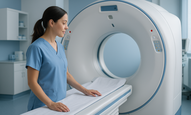 Medical technician prepares MRI machine for patient scan at Acibadem Hospital.
