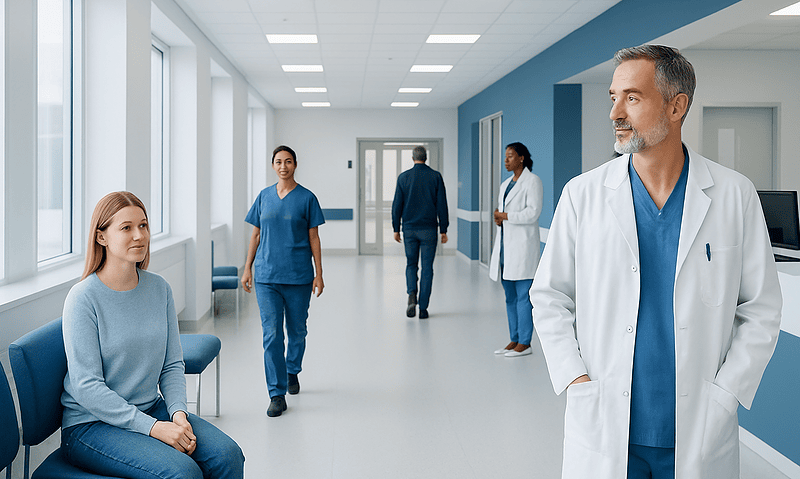Medical professionals and patient in a modern hospital corridor.
