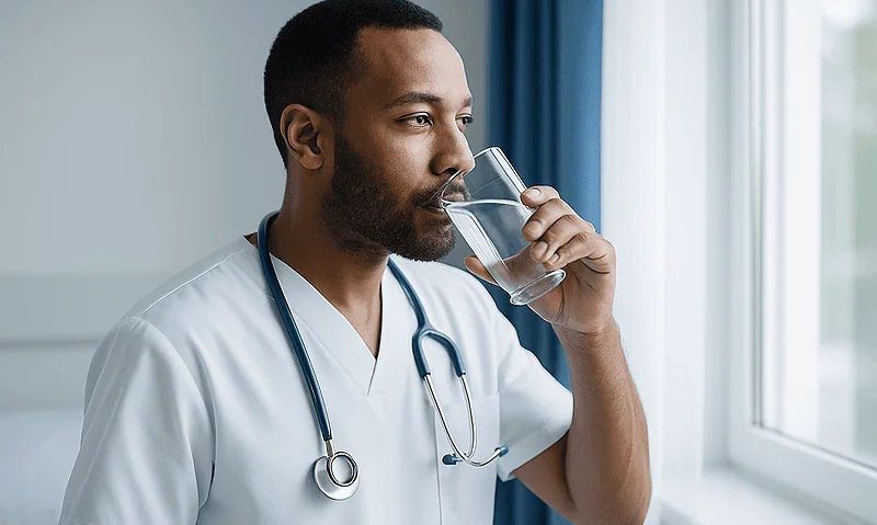 Healthcare professional drinking water in a clinical setting.