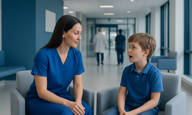 Pediatric speech therapist consulting with young boy in hospital corridor.