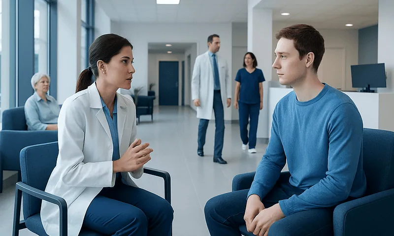 Doctor consulting a young male patient in a hospital waiting area.