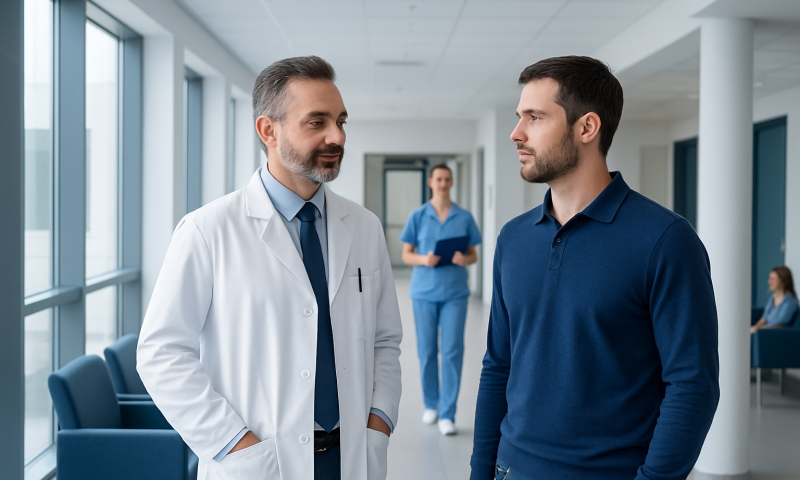 Doctor and patient having a consultation in a modern hospital corridor.
