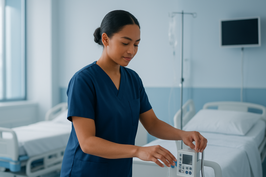 Spinal Cord Stimulation 1 Nurse adjusting medical equipment in hospital room for spinal cord stimulation.