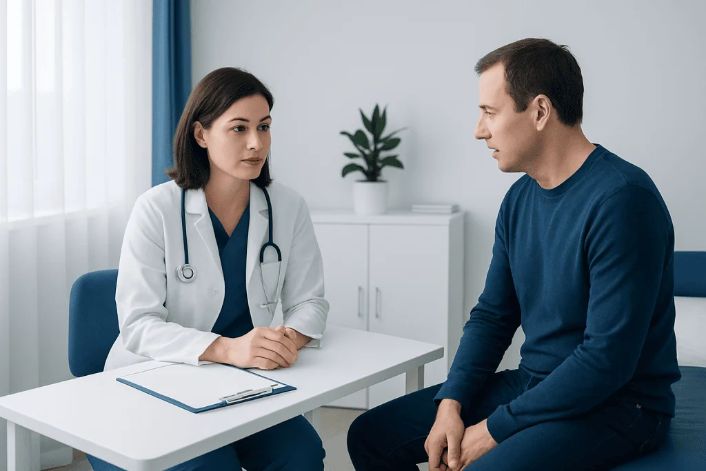Doctor consulting with patient in a medical office setting.