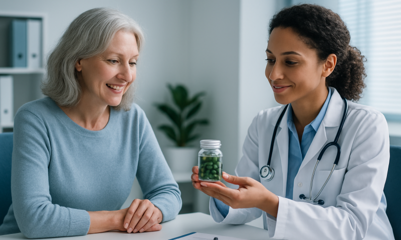 Doctor showing supplement bottle to elderly woman in clinic setting.