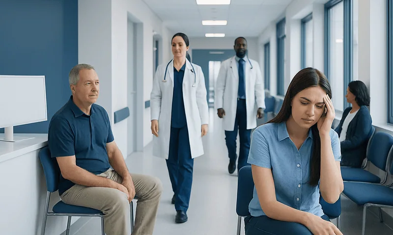 Patients waiting in a hospital corridor with medical staff present.