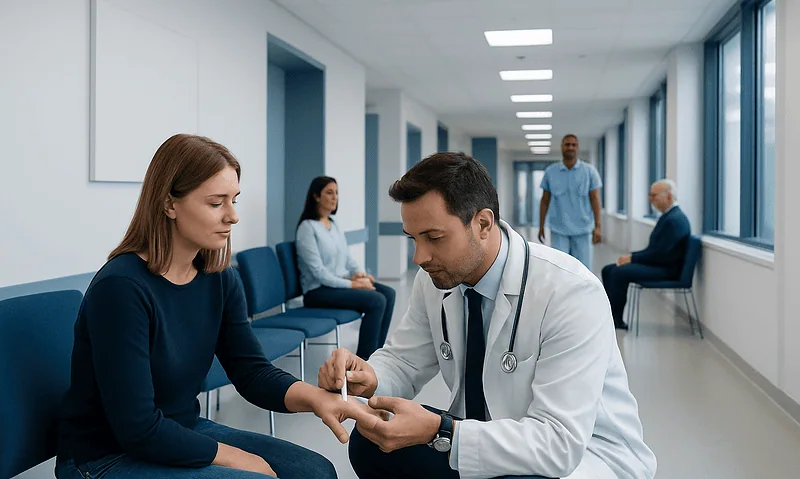 Doctor examining patient's hand in a hospital corridor.