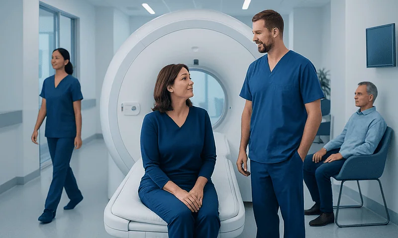 Medical staff preparing patient for MRI scan at Acibadem Hospital.