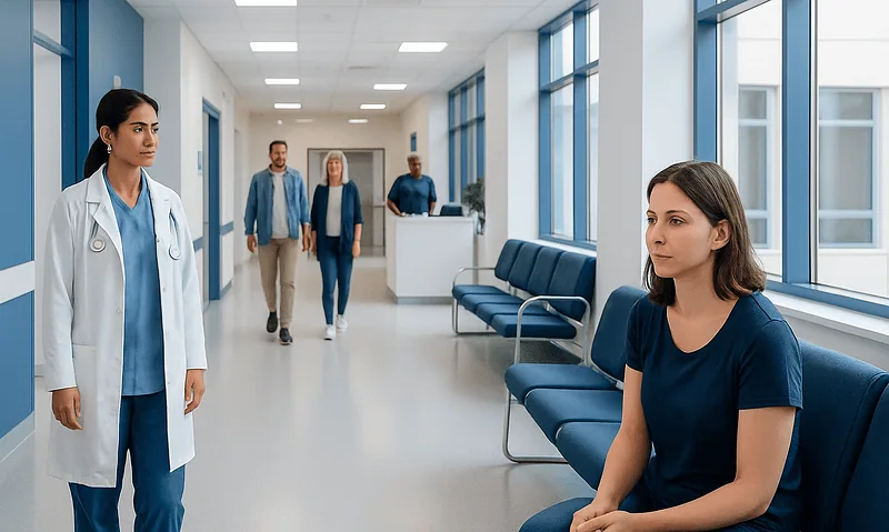 Patient waiting in hospital corridor with medical staff nearby.