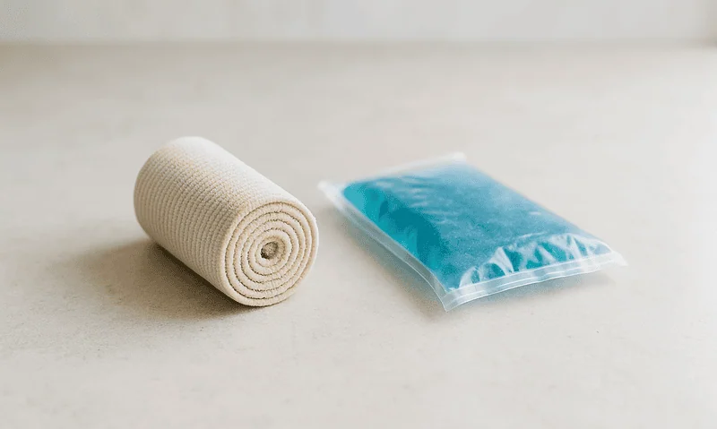 Elastic bandage and cold pack for injury treatment on a light surface.