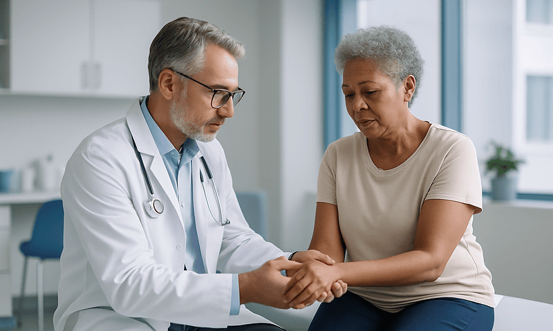 Doctor examining elderly woman's wrist in a medical consultation.