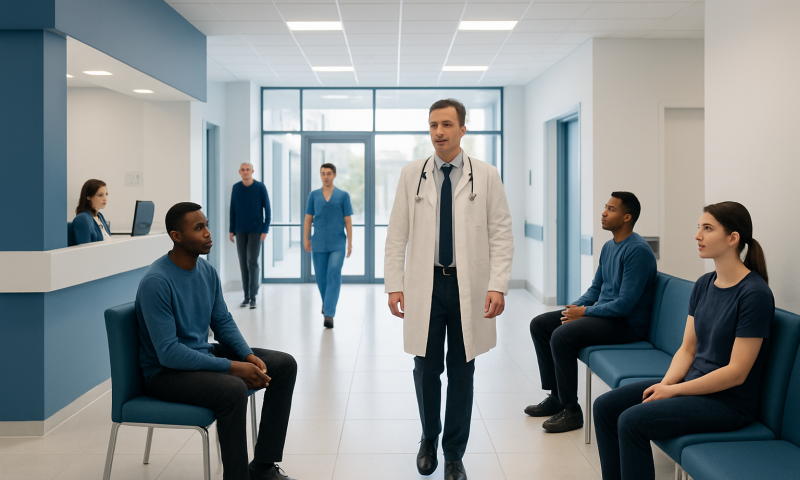 Doctor consulting with patients in a hospital corridor.