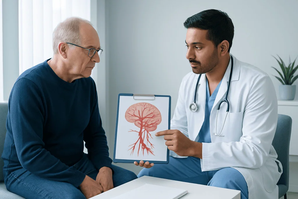 Doctor explaining kidney diagram to patient in a consultation room.