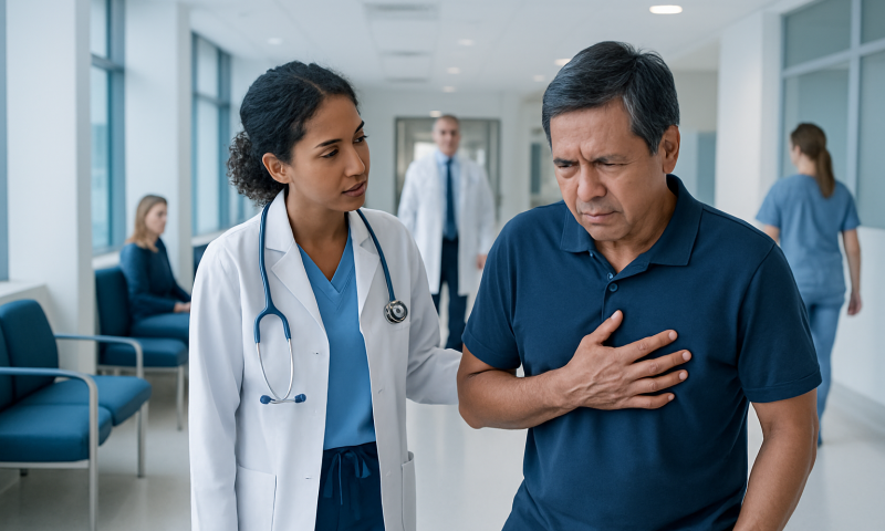 Doctor assisting a patient with chest pain in hospital corridor.