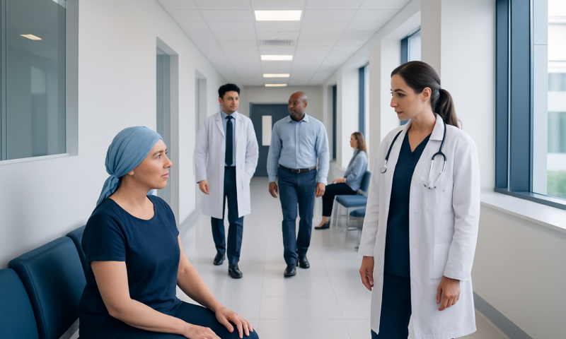 Doctor consulting a patient in a hospital corridor.