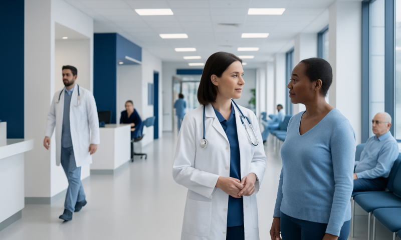 Healthcare professionals consulting in a modern hospital corridor.