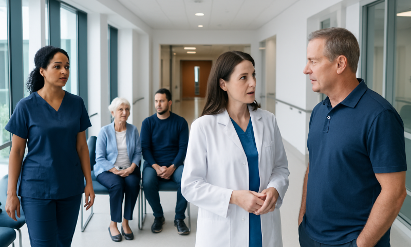 Medical team discussing patient care in hospital corridor.