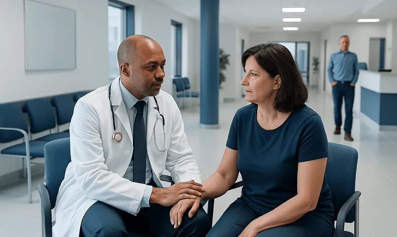 Doctor consulting with a female patient in a hospital corridor.