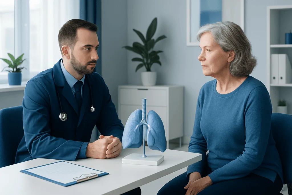 Doctor explaining lung health to an elderly woman in a medical consultation.