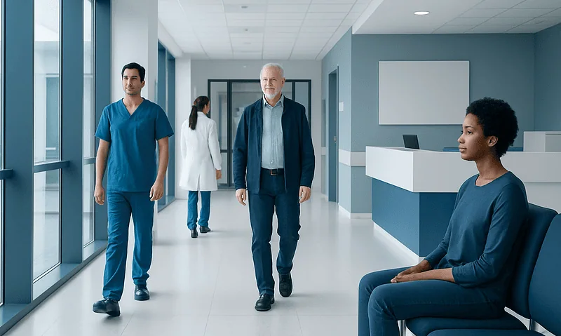 Medical staff and patient in a modern hospital corridor at Acibadem Hospitals Group.