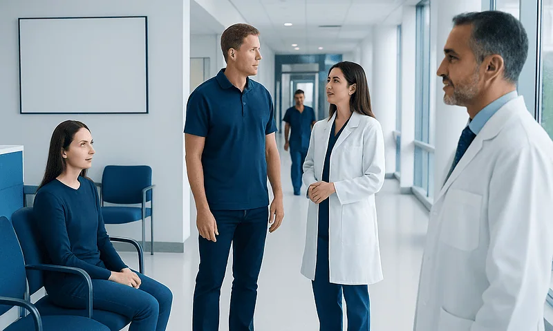 Medical team consulting with patient in hospital corridor.