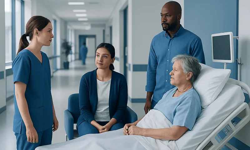 Family members and healthcare professionals in a hospital room supporting a patient.