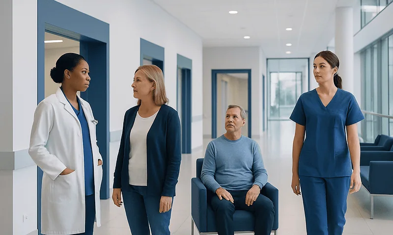 Hospital staff and patient in a modern healthcare facility corridor.