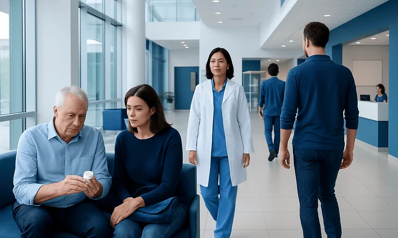 Patients waiting in a modern hospital corridor with medical staff present.