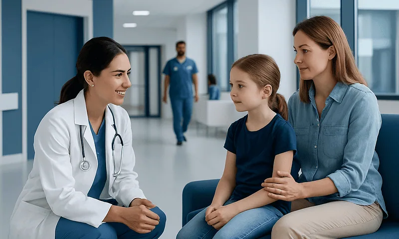 Child and mother consulting with a doctor in a hospital corridor.