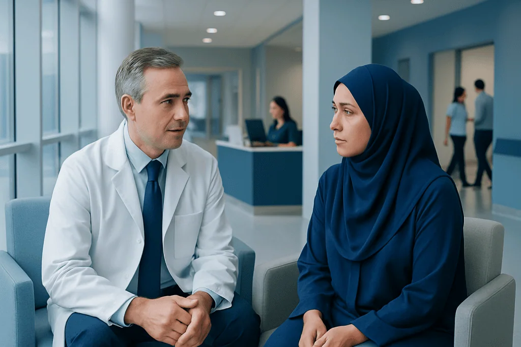 How to Plan for Prayer, Modesty, and Cultural Needs During Care in Turkey 1 Doctor consulting a Muslim woman patient in hospital lobby.