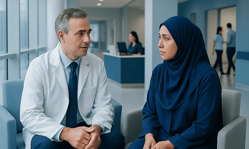 Doctor consulting a Muslim woman patient in hospital lobby.