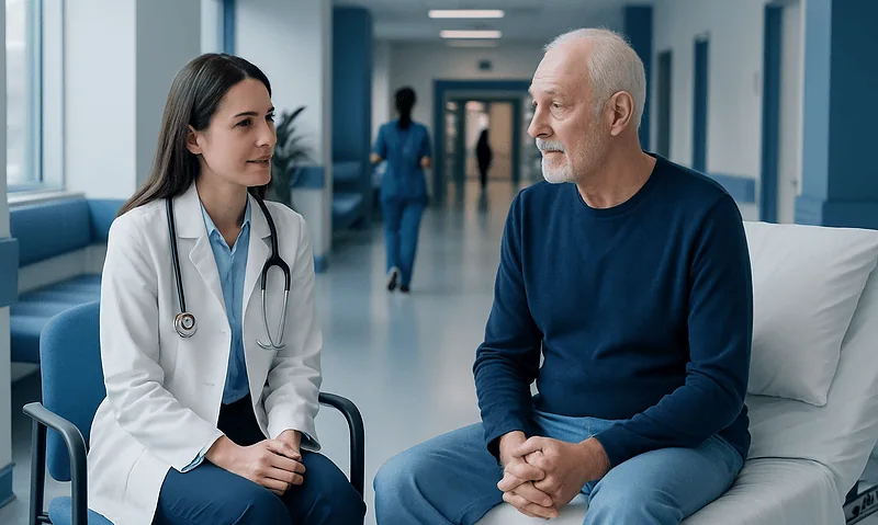 Doctor consulting with an elderly patient in a hospital corridor.