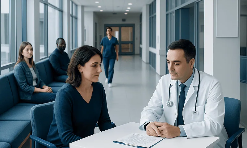 Doctor consulting with a patient in a hospital corridor.