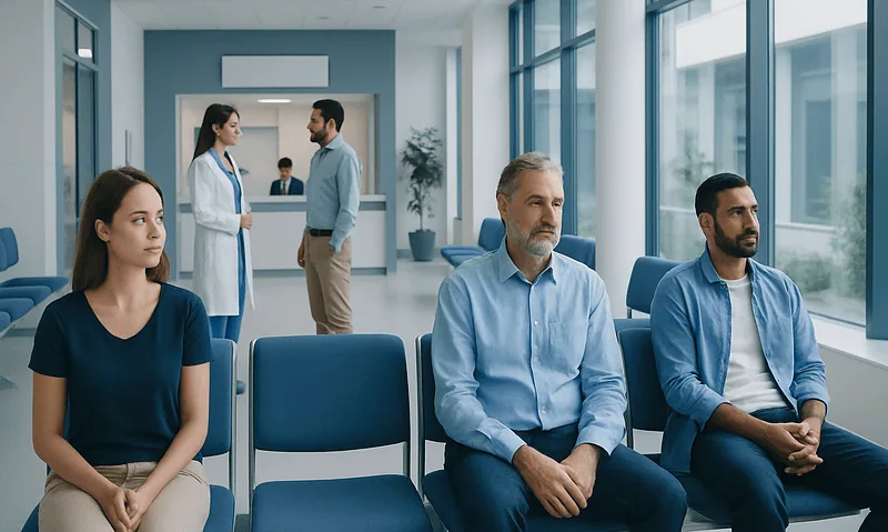 Patients waiting in a hospital corridor at Acibadem Hospitals Group in Turkey.