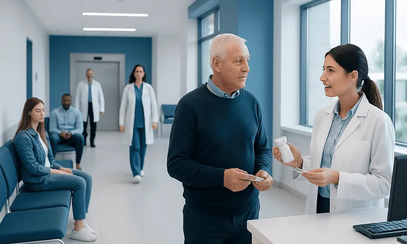 Doctor consulting with an elderly patient in a hospital corridor.