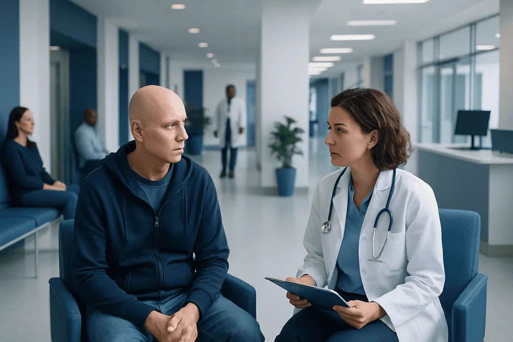 Flying to Turkey After a Cancer Diagnosis: How to Plan the First Trip 1 Patient consulting with doctor in modern hospital waiting area.