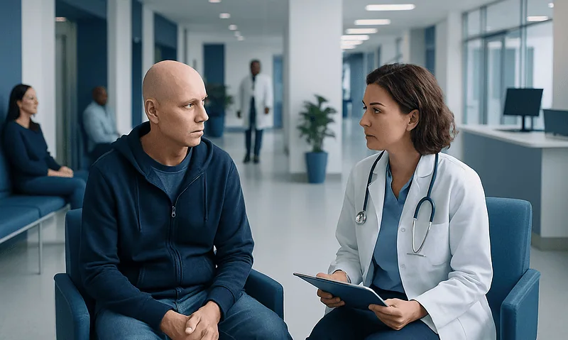 Patient consulting with doctor in modern hospital waiting area.