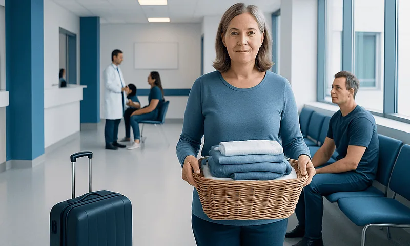 Woman with laundry basket at hospital waiting area in Turkey.