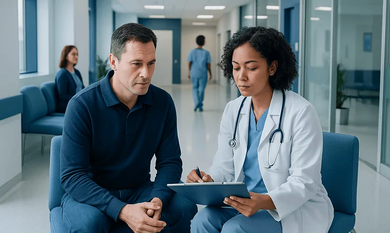 Doctor consulting with patient in hospital corridor for medical report.