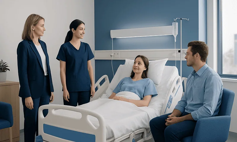 Patients and medical staff in a modern hospital room at Acibadem Hospitals Group.